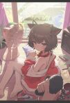  1girl 1other absurdres animal_collar animal_ear_hairband animal_ears bag_of_chips black_hairband bra breasts brown_hair cat_ears cat_girl cat_tail chips_(food) closed_mouth collar commentary domado english_commentary fake_animal_ears food furrowed_brow hair_between_eyes hairband highres indoors jacket joy-con lay&#039;s_(potato_chips) long_sleeves looking_at_viewer mole mole_under_eye no_shoes open_clothes open_jacket original plant potato_chips potted_plant pov pov_hands prunechi red_collar red_eyes red_jacket shoes short_hair sitting small_breasts solo_focus tail tail_grab thighhighs underwear unworn_shoes white_bra white_thighhighs 