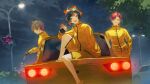  1girl 2boys black_hair blunt_bangs blunt_ends bow car choya_hanabi earrings facial_mark fagi_(kakikaki) fingerless_gloves flower_hairpin gloves grey_hair gun ha_yun hair_bow hands_in_pockets holding holding_gun holding_phone holding_weapon jacket jewelry knee_up lamppost motor_vehicle multicolored_hair multiple_boys neo-porte night nijisanji nijisanji_kr open_mouth parted_bangs phone ponytail red_hair shorts sitting streaked_hair tassel tassel_earrings tree virtual_youtuber vspo! weapon yagami_tsukumo yellow_jacket yellow_shorts 