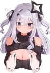  1girl ? ?? amane_konata black_ribbon black_sweater blush breasts cleavage cleavage_cutout closed_mouth clothing_cutout colored_inner_hair grey_hair hair_ribbon halo highres hololive joy-con large_breasts long_hair mikura_no_e multicolored_hair purple_eyes purple_hair ribbon smile solo star_halo sweater turtleneck turtleneck_sweater twintails very_long_hair virgin_killer_sweater virtual_youtuber 