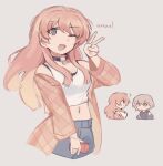  1girl bang_dream! bang_dream!_it&#039;s_mygo!!!!! black_shirt breasts cellphone chihaya_anon fang grey_eyes grey_hair holding holding_phone iahtruong jacket long_hair medium_breasts navel phone pink_hair pink_jacket shirt short_hair simple_background skin_fang smartphone solo takamatsu_tomori tank_top v white_background white_tank_top 