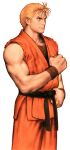 1boy belt black_belt black_undershirt blonde_hair capcom_vs_snk dougi game_cg hand_on_belt highres light_frown looking_to_the_side male_focus martial_arts_belt mori_toshiaki muscular non-web_source official_art orange_dougi raised_fist ryou_sakazaki ryuuko_no_ken sleeveless solo torn_clothes torn_sleeves v-shaped_eyebrows wristband 