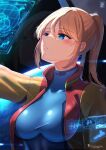  1girl absurdres artist_name blonde_hair blue_bodysuit blue_eyes blush bodysuit bodysuit_under_clothes breasts chinchongcha highres holographic_interface jacket large_breasts long_hair long_sleeves looking_up metroid mole mole_under_mouth multicolored_jacket open_clothes open_jacket orange_jacket ponytail red_jacket samus_aran signature skin_tight solo two-tone_jacket upper_body zero_suit 