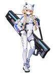  1girl :&lt; alpha_transparency animal_ears_helmet animal_helmet arm_pouch blonde_hair bodysuit braid buckle carrying cat_hair_ornament cat_helmet counter:side covered_navel cropped_jacket energy_gun english_commentary felicette_(counter:side) full_body gloves hair_between_eyes hair_ornament hand_on_own_hip helmet highres hood hood_down hooded_jacket jacket long_hair long_sleeves looking_at_viewer official_art patch pouch purple_eyes shoes simple_background snap-fit_buckle sneakers solo standing tachi-e thigh_pouch thigh_strap transparent_background twin_braids weapon white_bodysuit white_gloves white_helmet white_jacket white_shoes 