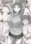  1girl 3boys a1_(initial-g) arms_around_neck bar_censor bob_cut breasts censored commentary_request fellatio greyscale hair_ornament hairclip hetero highres kirigaya_suguha large_breasts leg_lock mating_press miniskirt monochrome multiple_boys neckerchief nipples oral penis pleated_skirt sailor_collar school_uniform sex short_hair skirt sword_art_online 