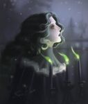  1girl afk_(series) afk_journey artist_name black_capelet black_robe blurry blurry_background candelabra candlestand capelet carolina_(afk) crying crying_with_eyes_open facing_ahead fire frilled_robe from_side green_fire grey_eyes grey_hair highres long_hair night open_mouth outdoors parted_bangs portrait robe snowing solo taroelein tears 