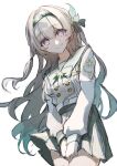  1girl black_ribbon bow bowtie buttons checkered_bow checkered_bowtie checkered_clothes checkered_skirt double-breasted firefly_(honkai:_star_rail) firefly_(spring_missive)_(honkai:_star_rail) gradient_eyes gradient_hair green_hairband green_pupils grey_hair grey_sailor_collar grey_skirt hair_between_eyes hair_intakes hair_ornament hair_ribbon hairband highres honkai:_star_rail honkai_(series) long_hair long_sleeves multicolored_eyes multicolored_hair own_hands_together plaid_bow plaid_bowtie plaid_clothes pleated_skirt ribbon sailor_collar simple_background situki skirt smile solo white_background white_sleeves 