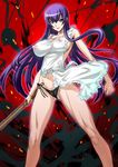  apron bare_shoulders bokken breasts busujima_saeko covered_nipples highschool_of_the_dead huge_breasts joy_ride long_hair muscle naked_apron panties purple_hair side-tie_panties smile solo sword underwear weapon wooden_sword 