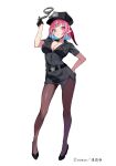 1girl absurdres artist_name belt black_belt black_dress black_gloves black_hat black_shoes blue_hair breasts brown_pantyhose cleavage collarbone collared_dress colored_inner_hair cuffs demon_girl demon_horns dress gloves handcuffs hat highres holding holding_handcuffs horns kanan-sama_wa_akumade_choroi kanan_(kanan-sama) large_breasts looking_at_viewer medium_hair multicolored_hair nonco pantyhose pink_eyes pink_hair pink_horns police police_uniform policewoman shoes short_sleeves simple_background slit_pupils solo streaked_hair thighs two-tone_hair white_background 