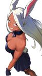  1girl alternate_costume animal_ears bare_shoulders black_shoes boku_no_hero_academia breasts choker cleavage commentary dark-skinned_female dark_skin dress fishnet_thighhighs fishnets floating_hair frilled_choker frills from_above from_side gloves grin high_heels highres hitomazuk large_breasts long_eyelashes long_hair looking_at_viewer mirko parted_bangs pumps purple_choker purple_dress purple_gloves rabbit_ears rabbit_girl rabbit_tail red_eyes ribbon_choker shoes simple_background smile solo strapless strapless_dress symbol-only_commentary tail tail_through_clothes thighhighs toned toned_female very_long_hair white_background white_hair 