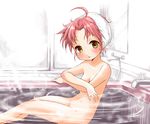  ahoge bath bathtub kogami_akira lucky_star navel nude pink_hair solo towel towel_on_head ubizo water yellow_eyes 