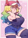  1girl arms_up artist_name baseball_cap belt black_belt black_tank_top black_thighhighs blonde_hair blue_hair blue_shorts breasts cleavage closed_eyes cowboy_shot dragon_horns facing_viewer gradient_hair green_hair hat highres horns kobayashi-san_chi_no_maidragon lucoa_(maidragon) multicolored_hair outline pink_hat shadow shirt_tucked_in shorts skindentation smile solo speedoru tank_top thighhighs white_outline 