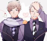  2boys axis_powers_hetalia baby_animal beak bird black_vest blush border buttons chick closed_mouth collared_shirt english_commentary fang feathered_wings formal_clothes fu_tooon gilbird grey_border grey_hair hand_on_own_head hand_up heart highres lapels long_sleeves looking_at_viewer male_focus matching_outfits multiple_boys official_alternate_costume outside_border polka_dot polka_dot_background prussia_(hetalia) purple_eyes purple_shirt russia_(hetalia) scarf shirt short_hair smile snowman suit teeth upper_body v-shaped_eyebrows vest white_background white_scarf wings 