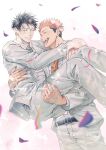  2boys alternate_costume belt bisexual_flag black_belt black_hair carrying closed_eyes commentary couple fushiguro_megumi green_necktie hair_slicked_back happy highres itadori_yuuji jewelry jujutsu_kaisen lgbt_pride long_sleeves male_focus multiple_boys necktie neskuna open_mouth orange_necktie pansexual_flag pants pink_hair pride_month princess_carry ring scar scar_on_face scar_on_forehead scar_on_mouth short_hair simple_background smile suit symbol-only_commentary teeth tongue twitter_username undercut wedding wedding_ring white_background white_pants white_suit yaoi 