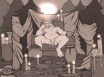 anthro balls belly big_belly candle canid canine chair flaccid front_view furniture genitals grass humanoid_genitalia humanoid_penis looking_at_viewer male mammal monochrome moobs nipples nude outside overweight overweight_anthro overweight_male penis plant rock seraphictiger sitting solo spread_legs spreading throne tree
