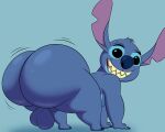 2025 5:4 alien all_fours anthro balls big_balls big_butt black_eyes blue_background blue_body blue_claws blue_ears blue_fur blue_hair blue_nose blue_toe_claws butt claws colossalstars digital_media_(artwork) disney experiment_(lilo_and_stitch) finger_claws fur genitals grin hair hi_res lgbt_pride lilo_and_stitch looking_at_viewer looking_back male notched_ear presenting presenting_hindquarters rear_view sharp_teeth simple_background smile solo stitch_(lilo_and_stitch) teeth thick_thighs three-quarter_view toe_claws