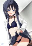  1girl binsen black_bra black_hair black_panties black_skirt blue_nails blush bra breasts chalkboard choker classroom cleavage clothes_lift collarbone commentary desk dot_nose earrings eyelashes groin gyaru highres idolmaster idolmaster_million_live! idolmaster_million_live!_theater_days indoors jewelry lace-trimmed_bra lace-trimmed_panties lace_trim lifting_own_clothes long_hair long_sleeves looking_at_viewer miniskirt mogami_shizuka navel open_clothes open_mouth open_shirt panties pleated_skirt ribbon_choker school_uniform seductive_smile shirt signature sitting skirt skirt_lift small_breasts smile solo straight_hair underwear white_shirt 