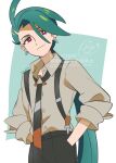  1girl ahoge androgynous artist_name black_gloves black_necktie black_pants bright_pupils closed_mouth collared_shirt commentary_request ear_piercing earrings flat_chest gloves green_hair hands_in_pockets jewelry long_hair necktie orange_(orangelv20) pants piercing pokemon pokemon_sv ponytail red_eyes reverse_trap rika_(pokemon) shirt smile solo suspenders triangle_earrings upper_body white_pupils 