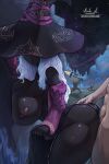  1boy 1girl abs ass black_hat black_skin breasts colored_skin cowboy_shot dark-skinned_female dark_nipples dark_skin doktor_malefic elden_ring elden_ring_nightreign english_commentary hat hat_over_eyes hetero highres interracial large_breasts large_hat leaning_forward long_hair long_sleeves night night_sky nipples purple_sleeves recluse_(elden_ring) sex sky star_(sky) starry_sky vaginal white_hair witch_hat 