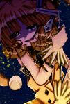  1girl blue_hair c-yamada758 cane gloves highres holding holding_cane magical_girl mahou_shoujo_madoka_magica mahou_shoujo_oriko_magica medium_hair orange_eyes partially_shaded_face shadow solo yellow_gloves yuuki_sasa 