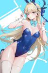  1girl absurdres animal_ears armpits bare_shoulders blonde_hair blue_archive blue_background blue_hairband blue_leotard blue_nails bow bowtie braid breasts cleavage closed_mouth commentary covered_navel detached_collar double_v earpiece expressionless fake_animal_ears hair_bow hairband halo hands_up highleg highleg_leotard highres leg_up leotard long_hair looking_at_viewer medium_breasts mole mole_under_eye multicolored_hair nail_polish official_alternate_costume playboy_bunny rabbit_ears shiny_leotard solo strapless strapless_leotard streaked_hair thighhighs thighs toki_(blue_archive) toki_(bunny)_(blue_archive) v very_long_hair white_thighhighs wrist_cuffs y.i._(lave2217) 