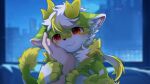 2025 2_horns 4_fingers :t anthro bedroom biped blurred_background blush blush_lines city cityscape claws digital_drawing_(artwork) digital_media_(artwork) dragon dragon_horn dragon_tail fingers fluffy fluffy_tail fur furred_dragon furred_scalie green_body green_fur hand_on_cheek hand_on_face hlg7777 honlem horn humanoid_hands inner_ear_fluff inside kemono looking_at_viewer male multicolored_body multicolored_fur mythological_creature mythological_scalie mythology night pawpads paws red_eyes scalie shaded smile smiling_at_viewer solo tail tuft wallpaper white_body white_fur window yellow_body yellow_fur