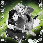  4boys 6+girls :d apron band_shirt beanie bracelet brothers cd_case chibi chibi_inset chizuru_(kininatteru_hito_ga_otoko_ja_nakatta) commentary converse dream_widow ear_piercing eighth_note electric_guitar full_body greyscale_with_colored_background guitar hasegawa_hime hat headphones headscarf highres holding holding_microphone indian_style inset_border instrument jacket jewelry jnpz joe_(kininatteru_hito_ga_otoko_ja_nakatta) kanna_(kininatteru_hito_ga_otoko_ja_nakatta) kininatteru_hito_ga_otoko_ja_nakatta koga_mitsuki lightning_bolt_symbol long_hair looking_at_another mao_(kininatteru_hito_ga_otoko_ja_nakatta) media_player_interface merchandise microphone miniskirt mole mole_under_eye mother_and_son multiple_boys multiple_girls music musical_note nail_polish narita_kei necklace nirvana_(band) oosawa_aiko oosawa_aki oosawa_amu oosawa_aya open_clothes open_jacket pants piercing playing_guitar playing_instrument ring shirt shoes short_hair short_sleeves siblings sitting skirt sky smile sneakers socks star_(sky) star_(symbol) starry_sky sweater t-shirt teeth the_strokes tomboy torn_clothes torn_pants twitter_username unicursal_hexagram vinyl_record waveform yamaha yamaha_pacifica 