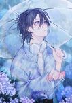  10_io 1boy bishounen black_hair blush commentary earrings eyelashes flipped_hair flower hair_between_eyes hair_ornament hairclip headphones headphones_around_neck highres holding holding_umbrella holostars hydrangea jewelry kanade_izuru lightning_bolt_hair_ornament lightning_bolt_symbol long_sleeves looking_up male_focus outdoors parted_lips purple_eyes purple_flower rain shirt short_hair slit_pupils solo transparent transparent_umbrella umbrella upper_body virtual_youtuber 