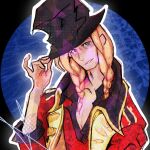  1boy adjusting_clothes adjusting_headwear black_hat blonde_hair blue_eyes braid bright_pupils commentary dio_(kyokugen_dasshutsu) english_commentary hamnerheads hat highres jacket kyokugen_dasshutsu kyokugen_dasshutsu_adv:_zennin_shibou_desu male_focus medium_hair open_clothes open_jacket outline procreate_(medium) red_jacket red_shirt shirt smile solo top_hat twin_braids upper_body white_outline white_pupils 