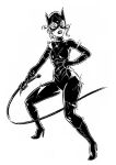  1girl animal_ears batman_(series) batman_returns battle_damage black_bodysuit black_boots black_corset black_eyeshadow black_gloves black_mask blue_eyes bodysuit boots breasts cat_ears catwoman catwoman_costume_(batman_returns) claws corset dc_comics djmpaz eyeshadow full_body gloves greyscale hair_coming_out_of_torn_mask highres holding holding_whip large_breasts latex latex_bodysuit lipstick makeup mask monochrome pale_skin selina_kyle solo stitches torn_bodysuit torn_clothes torn_mask whip 