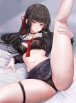  1girl bed black_bra black_choker black_hair black_panties black_shirt black_skirt blush bra breasts bright_pupils censored chisa_(wuthering_waves) choker clothes_lift collarbone commentary fingernails hair_ribbon highres holding_own_leg leg_up long_hair looking_at_viewer medium_breasts mole mole_under_eye mosaic_censoring navel neckerchief on_bed paid_reward_available panties parted_lips pussy red_eyes red_neckerchief red_ribbon ribbon ru_zhai sailor_collar school_uniform see-through_clothes see-through_panties serafuku shirt shirt_lift skirt skirt_lift solo stomach symbol-only_commentary thigh_strap thighs underwear white_pupils white_sailor_collar wuthering_waves 