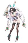  1girl absurdres animal_ears armpits bare_shoulders black_hair black_shoes black_survival bodysuit bottle bow bowtie breasts brown_thighhighs cleavage coat collarbone commentary_request cup detached_collar drinking_glass eternal_return:_black_survival fake_animal_ears food frilled_leotard frills full_body fur-trimmed_coat fur_trim garter_straps hair_over_one_eye hairband hand_on_own_hip heart high_heels highres holding holding_tray kurimui2 large_breasts leaning_forward leotard long_bangs long_legs long_sleeves looking_at_viewer off_shoulder open_clothes open_coat parted_bangs playboy_bunny rabbit_ears rozzi_(black_survival) shoes short_hair simple_background solo thighhighs thighs tray white_background white_coat wine_bottle wine_glass yellow_eyes 