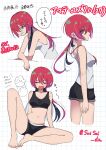  1girl aged_up amate_yuzuriha aqua_eyes artist_name bike_shorts black_sports_bra blush breasts closed_mouth commentary_request crop_top gundam gundam_gquuuuuux haro hasu_175 highres long_hair looking_at_viewer midriff open_mouth red_hair shorts speech_bubble sports_bra sweat tank_top translation_request twitter_username 