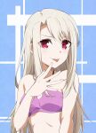  1girl azami_masurao bikini breasts fate/stay_night fate_(series) highres illyasviel_von_einzbern looking_at_viewer red_eyes small_breasts solo swimsuit tongue tongue_out white_hair 