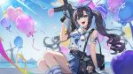  1girl bag balloon bare_shoulders belt black_choker black_hair blue_eyes blue_neckerchief blue_skirt choker day duffel_bag english_commentary gun hair_ribbon hand_up highres holding holding_gun holding_weapon kneehighs kurimui2 long_hair looking_at_viewer midriff_peek neckerchief open_mouth original outdoors pleated_skirt ribbon sailor_collar school_uniform serafuku sharp_teeth shirt shirt_overhang sitting skirt sleeveless sleeveless_shirt smile socks solo striped_clothes striped_socks sunlight teeth trigger_discipline twintails weapon white_sailor_collar white_shirt 
