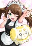  1boy apron artist_name black_dress brown_hair check_commentary commentary_request crossdressing crossover dress fidough green_eyes hair_ornament heart heart_background highres idolmaster idolmaster_side-m long_hair maid maid_apron maid_headdress male_maid mizushima_saki one_eye_closed open_mouth pink_background pointing pokemon pokemon_(creature) simple_background smile star_(symbol) star_hair_ornament teeth trap twintails two-tone_background upper_teeth_only user_rmwm3843 white_background 