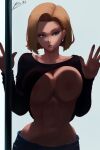  1girl abs absurdres against_glass alvsdraws android_18 black_shirt blonde_hair blue_eyes blue_pants breast_press breasts breasts_on_glass clothes_lift collarbone dragon_ball dragon_ball_z highres large_breasts looking_to_the_side nipples pants shirt shirt_lift short_hair solo twitter_username 