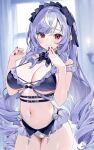  1girl absurdres artist_name bare_shoulders belt bikini black_belt black_bow black_bowtie black_hairband black_nails blurry blurry_background blush bow bowtie breasts candle candlestand cleavage commentary_request drill_hair drill_sidelocks duchi0356 frilled_bikini frilled_hairband frills gem hair_between_eyes hairband halterneck hands_up highres indoors large_breasts light_particles long_hair looking_at_viewer mole mole_under_eye multicolored_hair nail_polish navel pointy_ears purple_bikini purple_gemstone purple_hair red_eyes sidelocks smile solo standing stomach streaked_hair swimsuit thighs twin_drills very_long_hair vivian_banshee white_streaks window zenless_zone_zero 