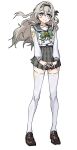  1girl black_hairband black_ribbon blue_pupils blush bow bowtie brown_shoes buttons checkered_bow checkered_bowtie checkered_clothes checkered_skirt closed_mouth collared_shirt double-breasted firefly_(honkai:_star_rail) firefly_(spring_missive)_(honkai:_star_rail) gradient_eyes gradient_hair green_bow green_bowtie grey_hair grey_sailor_collar grey_skirt hair_between_eyes hair_intakes hair_ribbon hairband highres honkai:_star_rail honkai_(series) interlocked_fingers long_hair momomatang multicolored_eyes multicolored_hair own_hands_together pleated_skirt ribbon sailor_collar shirt shoes simple_background skirt smile solo thighhighs white_background white_shirt white_thighhighs 