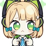  1girl :&lt; animal_ear_headphones animal_ears animated animated_gif aqua_necktie blonde_hair blue_archive blunt_bangs blunt_ends blush_stickers bow cat_ear_headphones cat_ears chibi chibi_only chunye_haruya closed_mouth collared_shirt commission disembodied_hand dot_nose fake_animal_ears green_bow green_eyes green_halo green_jacket hair_bow halo headphones hood hooded_jacket index_fingers_together jacket looking_at_viewer low-tied_sidelocks lowres medium_hair midori_(blue_archive) missing_commentary necktie open_clothes open_jacket parted_bangs school_uniform second-party_source shirt sidelocks simple_background solo sweat sweatdrop transparent_background upper_body white_shirt 