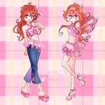 1girl ahoge alternate_element animal_print ankle_bow aqua_eyes arm_behind_back bad_id bad_twitter_id bare_arms bare_shoulders bloom_(winx_club) blue_pants bow bracelet bubble_skirt butterfly_print center_opening chocofish clenched_hand collarbone commentary cross-laced_shoes denim detached_sleeves english_commentary eyelashes eyeshadow facial_tattoo fairy fairy_wings floral_print flower flower_tattoo footwear_flower frilled_shirt frilled_skirt frills hair_between_eyes halter_shirt halterneck hand_in_own_hair hand_on_own_arm high_heels highres instagram_username jeans jewelry juliet_sleeves light_blush lipstick long_hair long_sleeves magical_girl makeup messy_hair midriff miniskirt multiple_bracelets navel neck_ribbon open_mouth orange_hair outline pants pink_background pink_eyeshadow pink_flower pink_lips pink_ribbon pink_rose pink_sandals pink_shirt pink_shoes pink_skirt pink_sleeves pink_wings plaid_background platform_sandals puffy_sleeves reference_sheet ribbon ribbon-trimmed_pants ribbon-trimmed_shirt ribbon-trimmed_skirt ribbon_trim rose sandals shirt shoes skirt skirt_set smile sparkle tareme tattoo tiara toes twitter_username variations watermark white_outline wings winx_club 