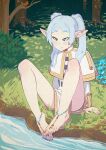 avian biped bird blush clothing ear_piercing elf feet female forest frieren frieren_beyond_journey&#039;s_end green_eyes humanoid_pointy_ears not_furry outside piercing pigtails plant pointy_ears pupils river sitting solo tree water white_clothing xu53r