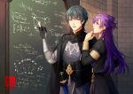  1boy 1girl armored_gloves black_cape black_gloves brick_wall cape chalk chalkboard commentary commission dagger english_commentary female_shez_(fire_emblem) fire_emblem fire_emblem:_three_houses fire_emblem_warriors:_three_hopes garreg_mach_monastery_uniform gloves hair_bun holding holding_chalk indoors knife long_hair looking_at_another male_byleth_(fire_emblem) medibang_paint_(medium) open_mouth purple_hair rezzyfa single_side_bun standing teaching teeth tongue upper_teeth_only weapon 