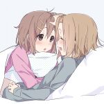  2girls blush breasts brown_eyes commentary_request grey_shirt hand_on_another&#039;s_head highres hirasawa_yui hugging_object k-on! long_hair long_sleeves looking_at_another lying_on_person multiple_girls open_mouth pillow pillow_hug pink_shirt shaofangziran shirt short_hair simple_background tainaka_ritsu under_covers white_background yuri 