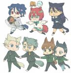  33liemug1 4boys 4girls amate_yuzuriha angel_wings animal_ears aqua_eyes beard black_hair black_shirt blonde_hair blue_eyes blue_hair brown_hair cat_ears cat_girl cat_tail challia_bull char_aznable chibi chibi_only collared_shirt commentary_request comoli_harcourt conch_(gundam) dark-skinned_female dark_skin dog_boy dog_ears dog_tail double_bun facial_hair gloves green_eyes green_hair green_jacket gundam gundam_gquuuuuux hair_bun haro highres holding_hands jacket kemonomimi_mode lalah_sune long_hair long_sleeves military_jacket military_uniform mole mole_under_eye mole_under_mouth multicolored_eyes multiple_boys multiple_girls mustache necktie non-humanoid_robot nyaan_(gundam_gquuuuuux) open_mouth purple_eyes purple_hair red_eyes red_hair robot school_uniform shirouzu_(gundam) shirt short_hair shuji_ito simple_background skirt smile sweater tail two-tone_eyes white_background wings xavier_olivette yellow_eyes 