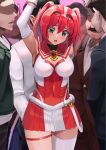  1girl 6+boys alicesoft arm_up armpits belt blush breasts chicken_(chickenx) chikan choukou_(alicesoft) choukou_taisen_escalation_heroines cleavage clothing_cutout covered_navel cowboy_shot crowd elbow_gloves esca_ruby faceless faceless_male facial_hair gloves green_eyes hair_between_eyes highres large_breasts looking_down medium_breasts miniskirt molestation multiple_boys mustache open_mouth pleated_skirt red_hair red_sailor_collar red_skirt sailor_collar short_hair single_thighhigh skirt solo_focus sonozaki_akari standing thigh_strap thighhighs train_interior twintails two_side_up white_gloves white_thighhighs 