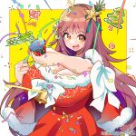  1girl :d bell blush border bow breasts brown_hair capelet chest_bow christmas_ornaments christmas_tree cleavage confetti dress fur-trimmed_capelet fur-trimmed_dress fur_trim hair_between_eyes highres huge_breasts long_hair looking_at_viewer open_mouth original party_popper pixiv_id pixiv_username red_bow red_capelet red_dress santa_costume santa_dress signature sleigh smile solo streamers teeth tongue twitter_username two-tone_background umigarasu_(kitsune1963) very_long_hair white_border white_bow yellow_background yellow_eyes 