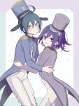  2boys ahoge alternate_costume animal_ears bishounen black_hair blush closed_mouth coattails commentary_request danganronpa_(series) danganronpa_v3:_killing_harmony eyelashes fake_animal_ears flipped_hair from_side grin hair_between_eyes hat height_difference highres hug long_sleeves looking_at_viewer male_focus medium_hair mion_danron multiple_boys oma_kokichi pants purple_eyes purple_hair saihara_shuichi shirt short_hair simple_background smile standing teeth top_hat white_pants yaoi 
