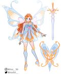  1girl alternate_costume aqua_eyes armor bad_id bad_twitter_id bloom_(winx_club) blue_dress blue_sleeves blue_socks blue_wings bracer breasts bug butterfly chain chocofish cleavage closed_mouth commentary covered_collarbone detached_sleeves dress english_commentary eyelashes eyeshadow fairy fairy_wings full_body gold_chain gold_tiara heart high_heels highres instagram_username knee_pads kneehighs layered_dress light_particles lipstick long_hair long_sleeves looking_at_viewer magical_girl makeup mini_tiara orange_hair oversized_wings pauldrons pink_eyeshadow pink_lips pleated_dress pointy_ears puffy_long_sleeves puffy_sleeves reference_sheet scales see-through_clothes see-through_dress see-through_sleeves shield shoes short_dress shoulder_armor simple_background single_bare_shoulder single_pauldron smile socks solo standing swept_bangs sword tiara twitter_username very_long_hair watermark wavy_hair weapon white_background wings winx_club yellow_shoes 