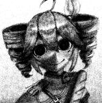  1girl ahoge baguette belt branchpuzzle bread closed_mouth crazy_smile creepy_eyes dilated_pupils drill_hair empty_eyes epaulettes food greyscale hair_between_eyes hair_ribbon horror_(theme) jacket kasane_teto kasane_teto_(sv) looking_at_viewer monochrome ribbon sidelocks smile solo synthesizer_v twin_drills upper_body utau watermark white_ribbon 