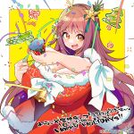  1girl :d bell blush border bow breasts brown_hair capelet chest_bow christmas_ornaments christmas_tree cleavage confetti dress fur-trimmed_capelet fur-trimmed_dress fur_trim hair_between_eyes highres huge_breasts long_hair looking_at_viewer merry_christmas open_mouth original party_popper pixiv_id pixiv_username red_bow red_capelet red_dress santa_costume santa_dress signature sleigh smile solo streamers teeth tongue translation_request twitter_username two-tone_background umigarasu_(kitsune1963) very_long_hair white_border white_bow yellow_background yellow_eyes 